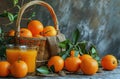 a basket of tangerines and oranges sit next to cups of orange juice