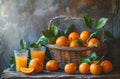 a basket of tangerines and oranges sit next to cups of orange juice