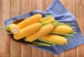 Basket with tasty corncobs on wooden table Royalty Free Stock Photo