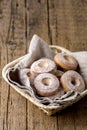 Basket with Tasty Homemade Biscuit Cookies Copy Space Wooden Background VerticalRound Cookies Decorated With Sugar Powder