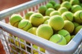 Basket of tennis balls on clay tennis court, outdoor Royalty Free Stock Photo