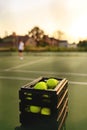 Basket with tennis balls closeup, selective focus