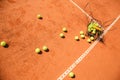 Basket of tennis balls scattered around the court Royalty Free Stock Photo