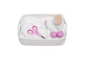 Basket with things to care for the newborn. Royalty Free Stock Photo