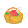 Basket with threads and knitting needles isolated on white background. Handmade work, hobby, needlework, homework. Royalty Free Stock Photo