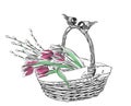 Basket tulips flower vector engrave card isolated