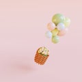 Basket With Tulips Flying On Air Balloons On Pink Background. Universally Greeting Card. 3D Render