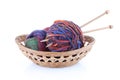 Basket with two balls of wool and knitting needles Royalty Free Stock Photo