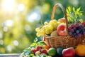 basket with variety of fresh organic vegetables and fruits in the garden