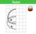 Basket. Vector game copy the picture. Simple coloring book with grid for printing and paint. Illustration easy game for education