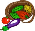 Basket of vegetables - cucumbers, onions, red pepper, tomato, eggplant. Vector illustration