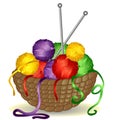 vines with a handle full of coats of multicolored yarn, thread, knitting needles Royalty Free Stock Photo