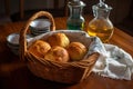 basket of warm bread rolls, ready to be enjoyed with a cup of hot tea