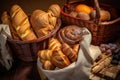 basket of warm breads, including baguettes, rolls and croissants