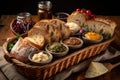 basket of warm, crusty artisan breads with assorted spreads and toppings Royalty Free Stock Photo