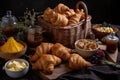 basket of warm, fragrant rolls and croissants with various spreads