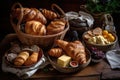 basket of warm, fragrant rolls and croissants with various spreads