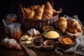 basket of warm, fragrant rolls and croissants with various spreads