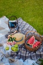 Basket with watermelon, bowl with green apples, bouquet of pink roses, straw hat, basket with blue bottle, books and walnuts. Royalty Free Stock Photo