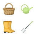 Basket wicker, watering can for irrigation, rubber boots, forks. Farm and gardening set collection icons in cartoon