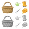 Basket wicker, watering can for irrigation, rubber boots, forks. Farm and gardening set collection icons in cartoon