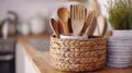 A basket with wooden utensils on a counter top, AI