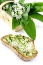 Basket wtih fresh ramson and slice of bread with butter