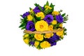 Basket with yellow and blue flowers on isolated white background. Top view of a bouquet of yellow and violet roses. Beautiful Royalty Free Stock Photo