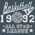 Basketball all star league artwork, typography poster, t-shirt Printing design, vector Badge Applique Label Royalty Free Stock Photo