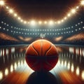 Basketball arena filled with rows of seats with a basketball lying at the center Royalty Free Stock Photo