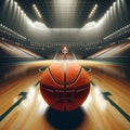 Basketball arena filled with rows of seats with a basketball lying at the center Royalty Free Stock Photo