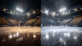 Basketball arena. Wooden floor and lighting. Royalty Free Stock Photo