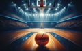 Basketball arena with wooden floor, lights reflectors, and tribune over blurred lights background. Classic Orange Royalty Free Stock Photo