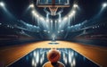 Basketball arena with wooden floor, lights reflectors, and tribune over blurred lights background. Classic Orange Royalty Free Stock Photo
