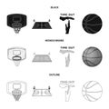 Basketball and attributes black,monochrome,outline icons in set collection for design.Basketball player and equipment