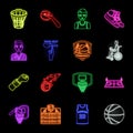 Basketball and attributes neon icons in set collection for design.Basketball player and equipment vector symbol stock