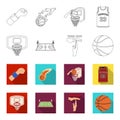 Basketball and attributes outline,flet icons in set collection for design.Basketball player and equipment vector symbol