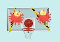 Basketball backboard and virus, warning tapes. Quarantine canceling matches games 3d render