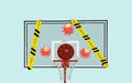 Basketball backboard and virus, warning tapes. Quarantine canceling matches games 3d render
