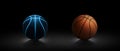 Basketball ball with bright blue glowing neon lines and Basketball ball on dark background Royalty Free Stock Photo