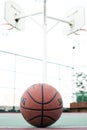 Basketball ball with basketball on court.