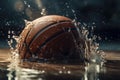 Basketball ball in a deep water with a big splash. AI generated