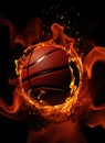 A basketball ball in flames on a black background. Generative AI image. Royalty Free Stock Photo
