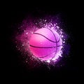 Basketball Ball flying in violet particles.