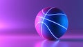 Basketball ball with glowing lines on colorful blue and pink neon light background. Futuristic sport concept