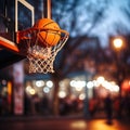 basketball ball going through a basketball hoop