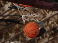 Basketball ball going through the net.
