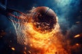Basketball ball in the hoop with fire and smoke. Mixed media, Basketball in basket, winning shot, AI Generated