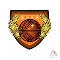 Basketball ball with laurel golden wreath in center of shield. Sport logo for any team or competition isolated on white