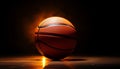 Basketball ball in motion, illuminated by bright reflection on black background generated by AI